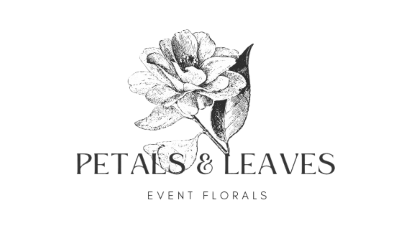 A black and white logo of a flower with text that reads "Petals & Leaves Event Floral".
