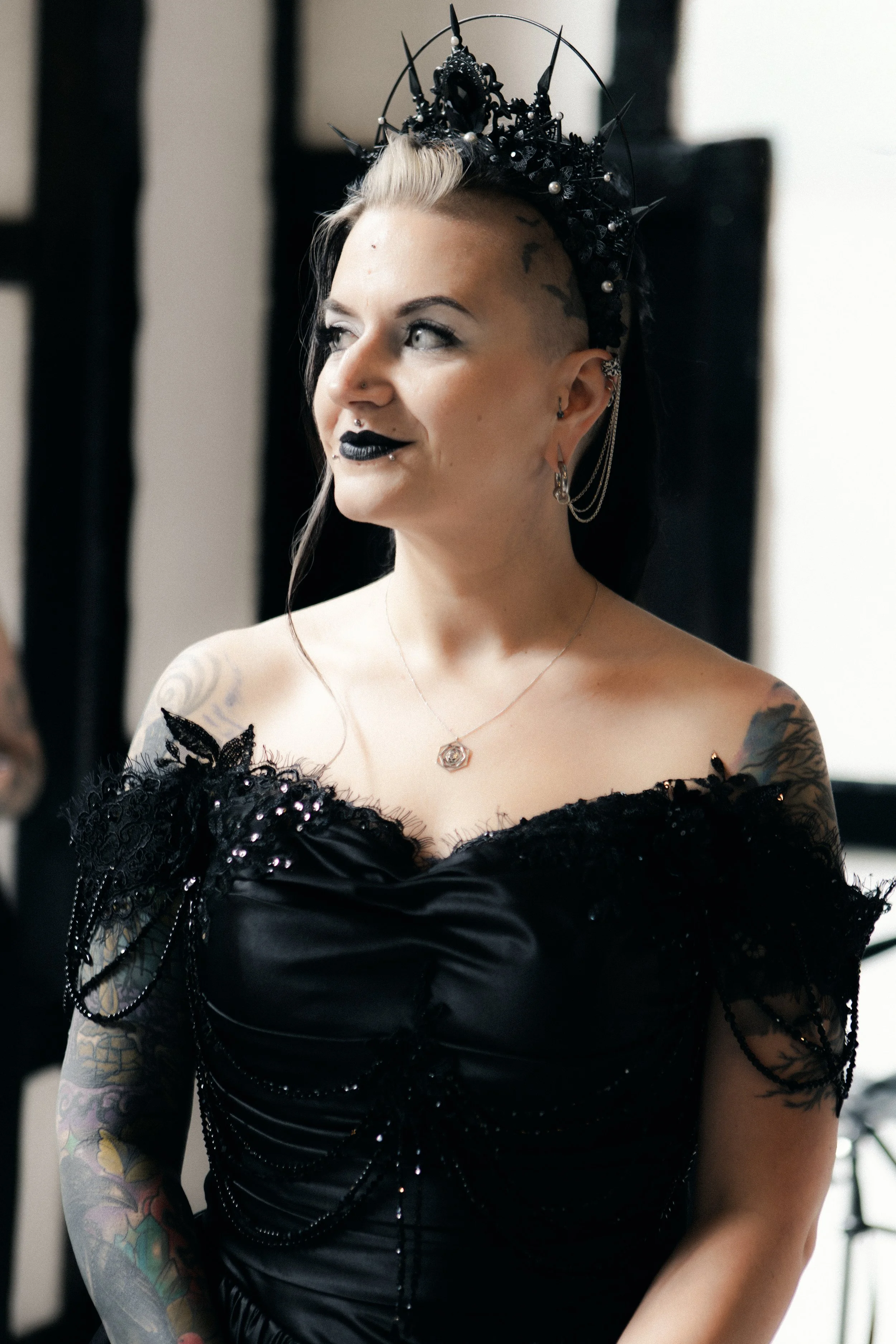 Dramatic white eye makeup and bold black lip. Makeup by Katie and Hair by Cassie. 
Photo by Laura Fitzgerald Photography.