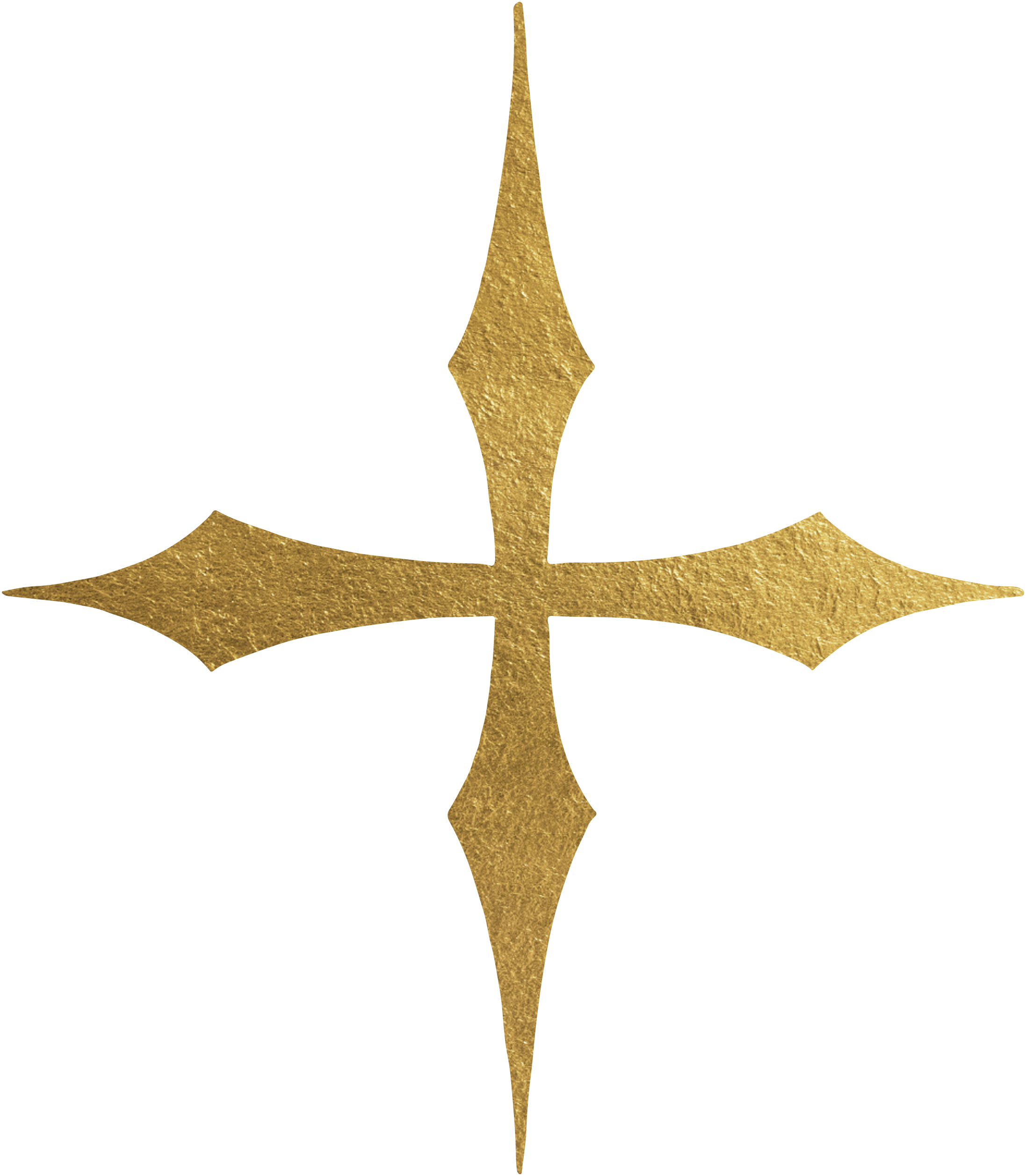 A gold-colored cross with a textured surface.