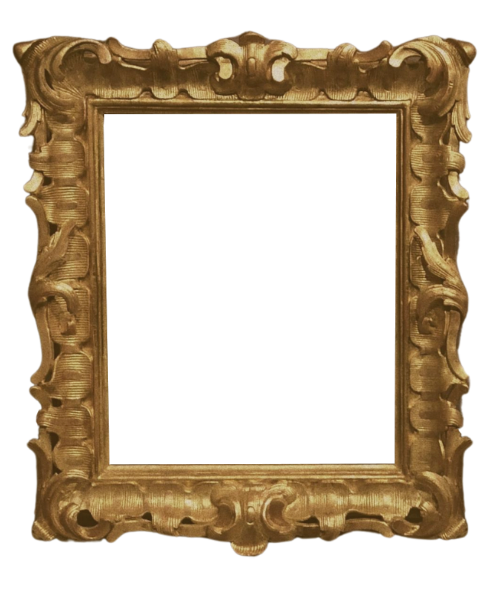 Ornate gold-colored antique picture frame with intricate carved details.