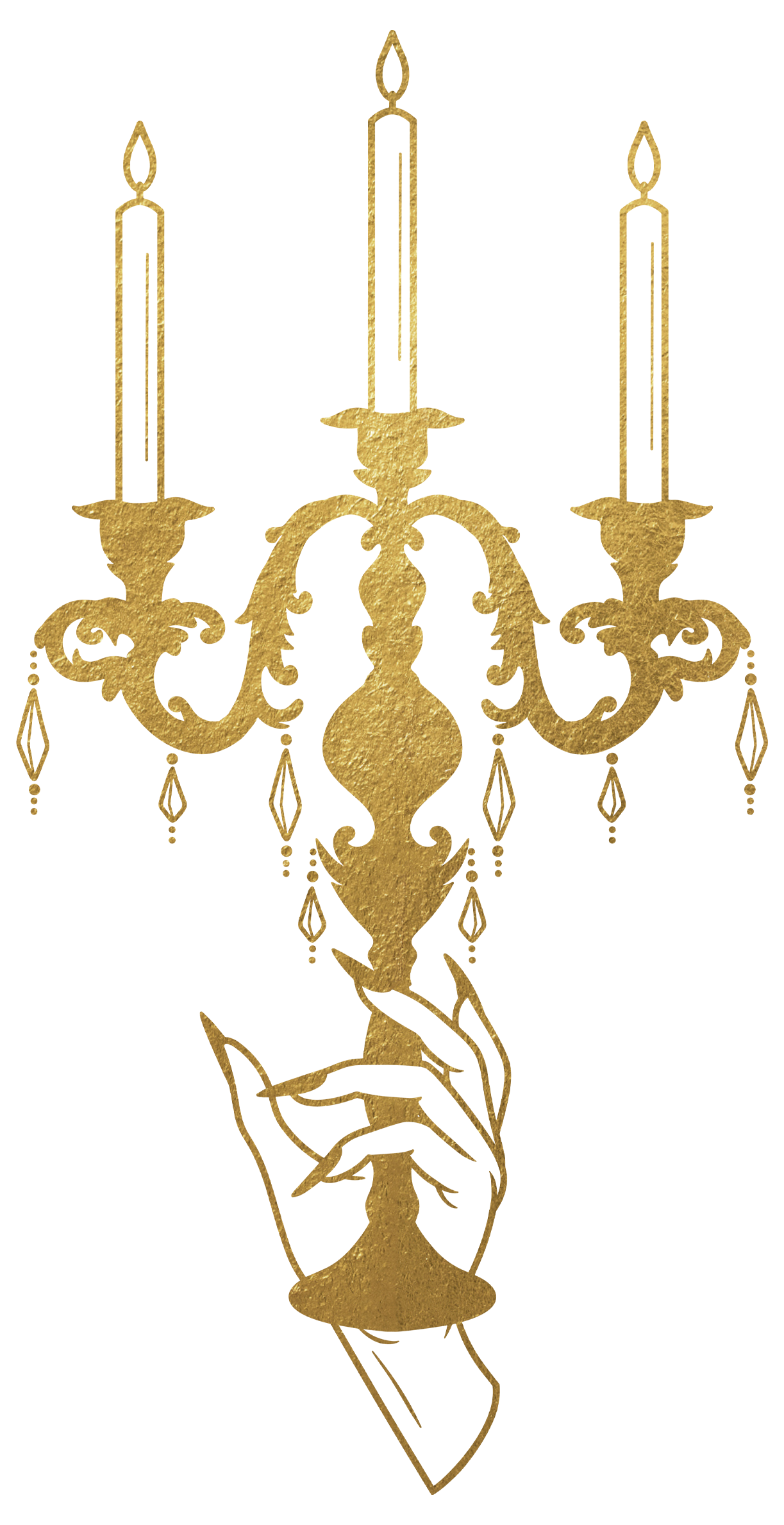 A gold candelabra held in a delicate hand.