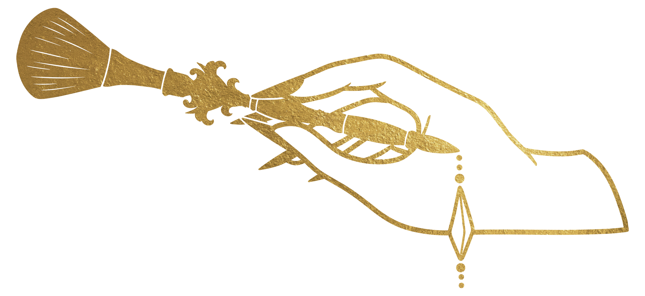 A gold-colored graphic representation of a hand holding a makeup brush, with a detailed, textured design.