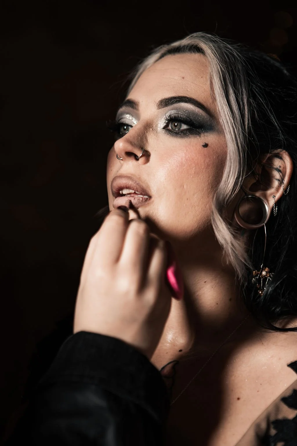 Close-up of bold grey and black eye makeup. Hair & Makeup by Katie.
Photo by Laura Fitzgerald Photography. 