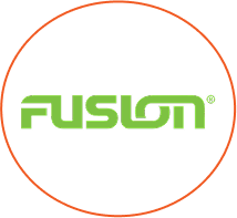 Fusion logo in green text on a white background with a thin red circular border.