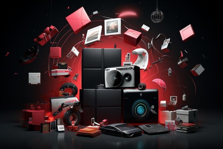 A collection of electronic devices and gadgets, including speakers, tablets, and headphones, arranged around a black cabinet and a red background with floating boxes and framed pictures.