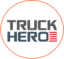 Logo for Truck Hero with bold black and blue text and red stripes