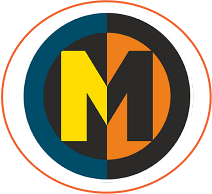 Logo with a black circle divided into four sections, with yellow and orange letters 'M' in the center, and a blue and orange background.