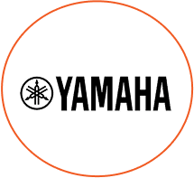 Yamaha logo with black text and symbol on a white background, encircled by a thin red line.