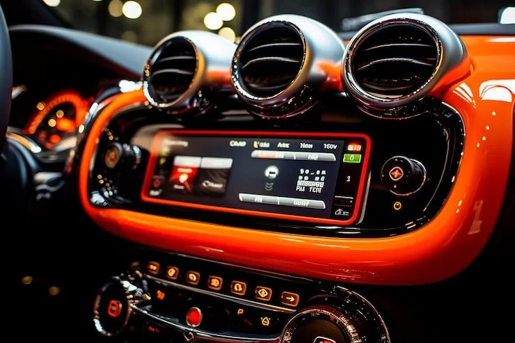 Close-up view of a car's dashboard showing three circular air vents and a digital control panel with a red and black design.