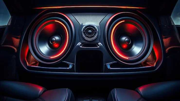Interior of a car with a dashboard featuring two large round speakers with red LED lighting, and a central circular air vent.