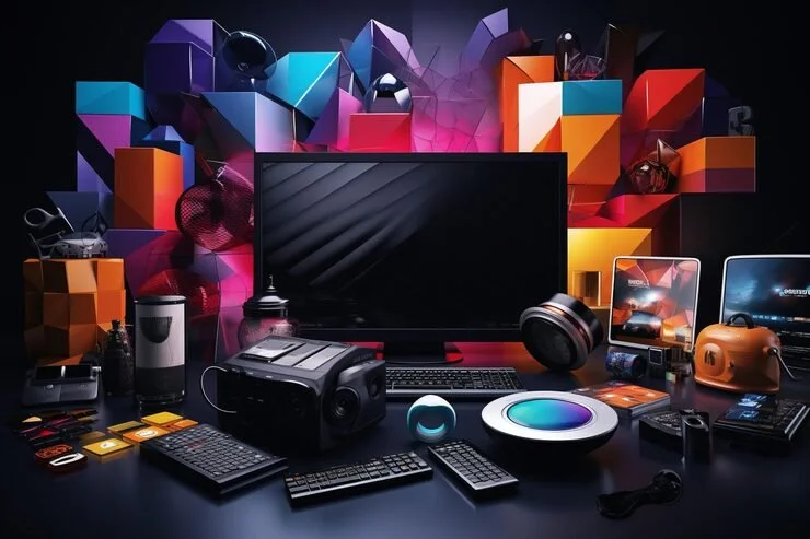 A collection of electronic gadgets and gaming equipment including a computer monitor, keyboard, mouse, headphones, speakers, cameras, smartphones, VR headset, gaming console, and various tech accessories, set against a vibrant, geometric, abstract background with colorful 3D shapes.