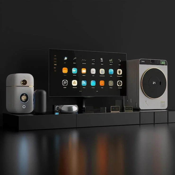 Smart home setup with a TV screen displaying app icons, a white speaker, a black device, a silver device, and a round control device on a black shelf against a dark wall.