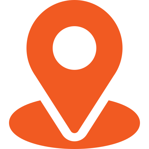 Orange location pin icon on a black background.
