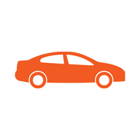 Orange car icon on a white circular background.