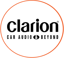 Clarion logo with the text 'Car Audio & Beyond' enclosed in a red circle
