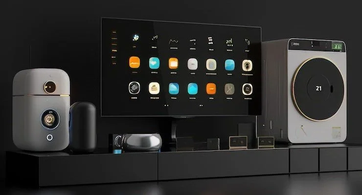 Smart home control panel with app icons, a robotic vacuum, and a washing machine in a modern black entertainment setup.