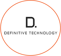 Logo with the letter D, the words 'DEFINITIVE TECHNOLOGY' below, and a thin red circle border.