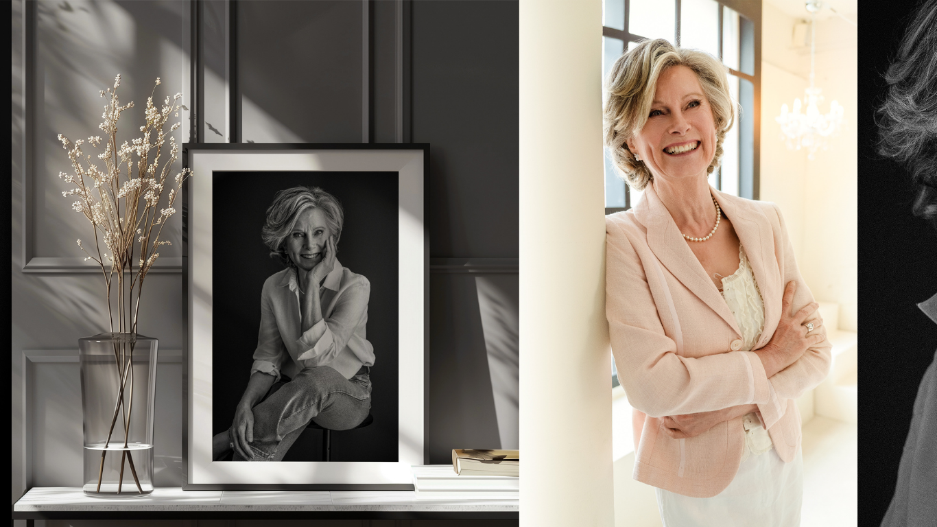 Twee beelden naast elkaar van dezelfde vrouw: links een zwart-wit portret met haar hand bij haar gezicht, rechts een kleurportret waarin ze glimlacht met gekruiste armen in een roze blazer en parelketting.