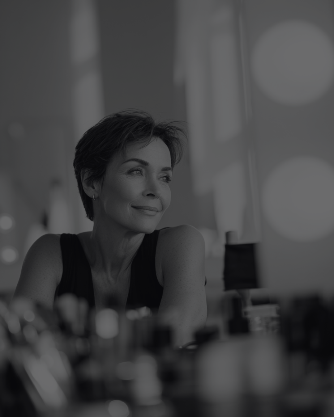 Weerspiegeling van een vrouw met kort haar in een spiegel met mouwloze top, glimlachend en wegkijkend — zachte studioverlichting met vage beauty en make-up -elementen op de achtergrond.