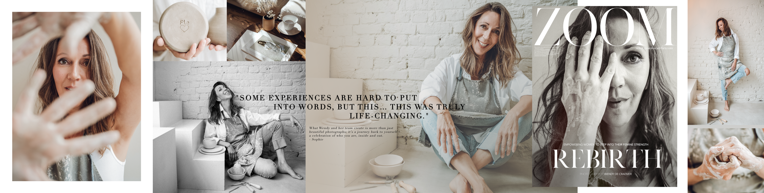 Collage van vrouwen die keramiek maken — close-ups van handen in klei en warme portretmomenten in een creatieve studio.