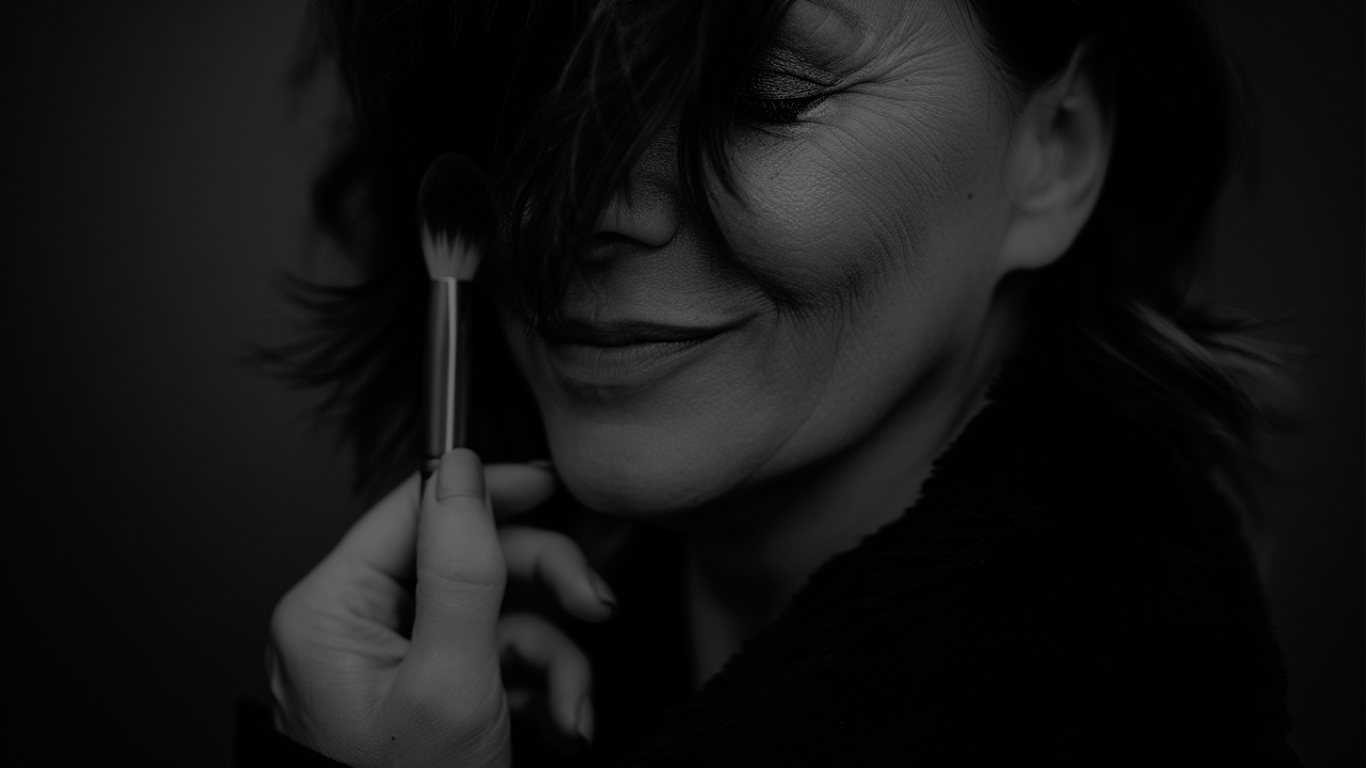 Zwart-wit portret van een vrouw die make-up aanbrengt, met krullend haar dat deels over haar gezicht valt — zacht, intiem en authentiek.