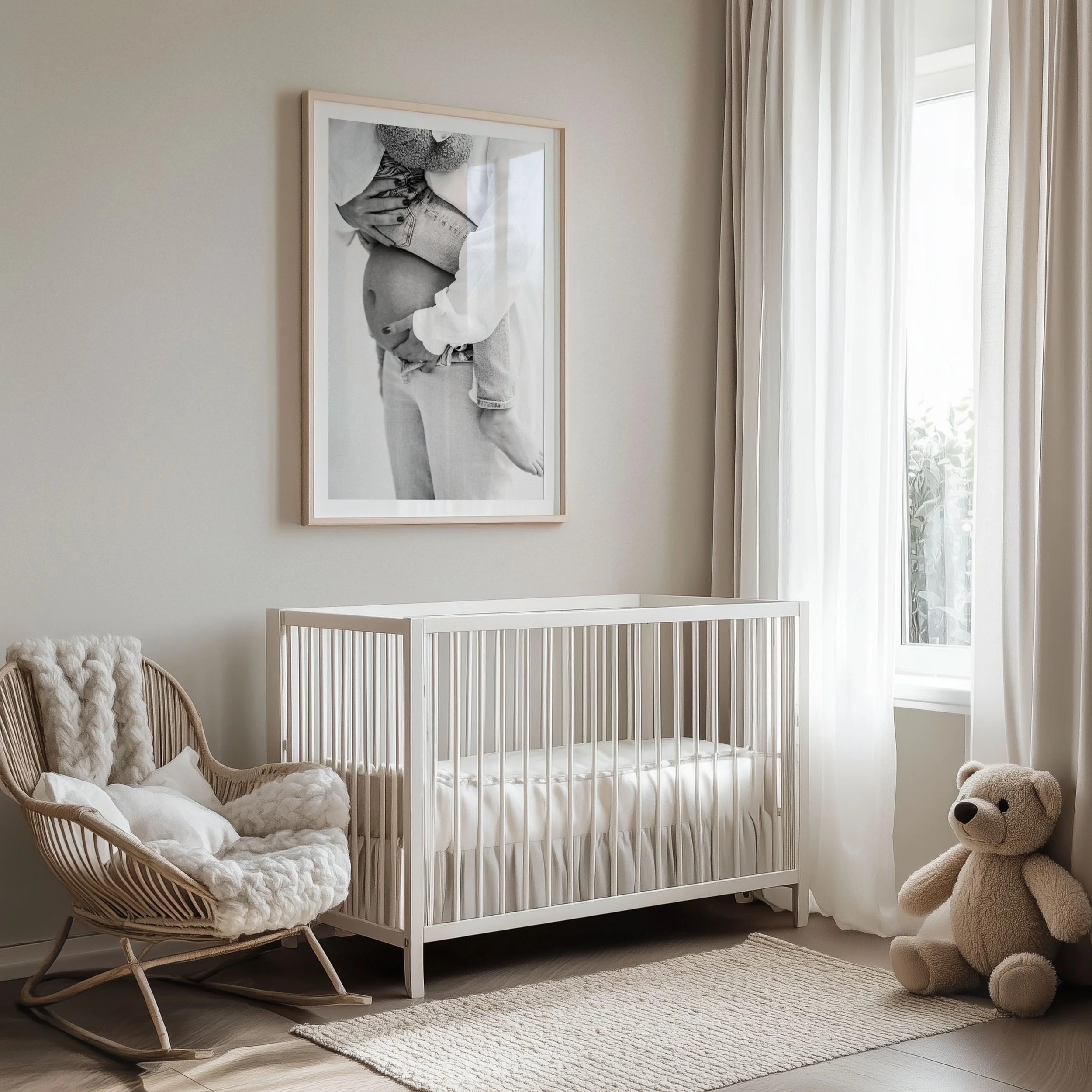 Bright neutral-toned nursery with a white crib, rocking chair, teddy bear, framed baby photograph, and large curtained window
