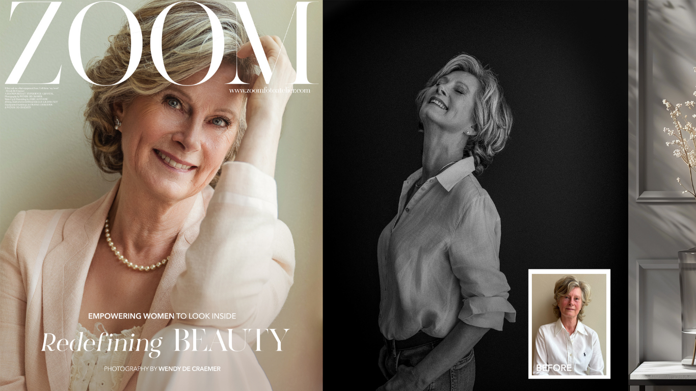 Voor-en-na collage van een vrouw: links glimlachend in een lichte studio, rechts een zwart-wit portret met haar hoofd licht achterover — een zachte transformatie.