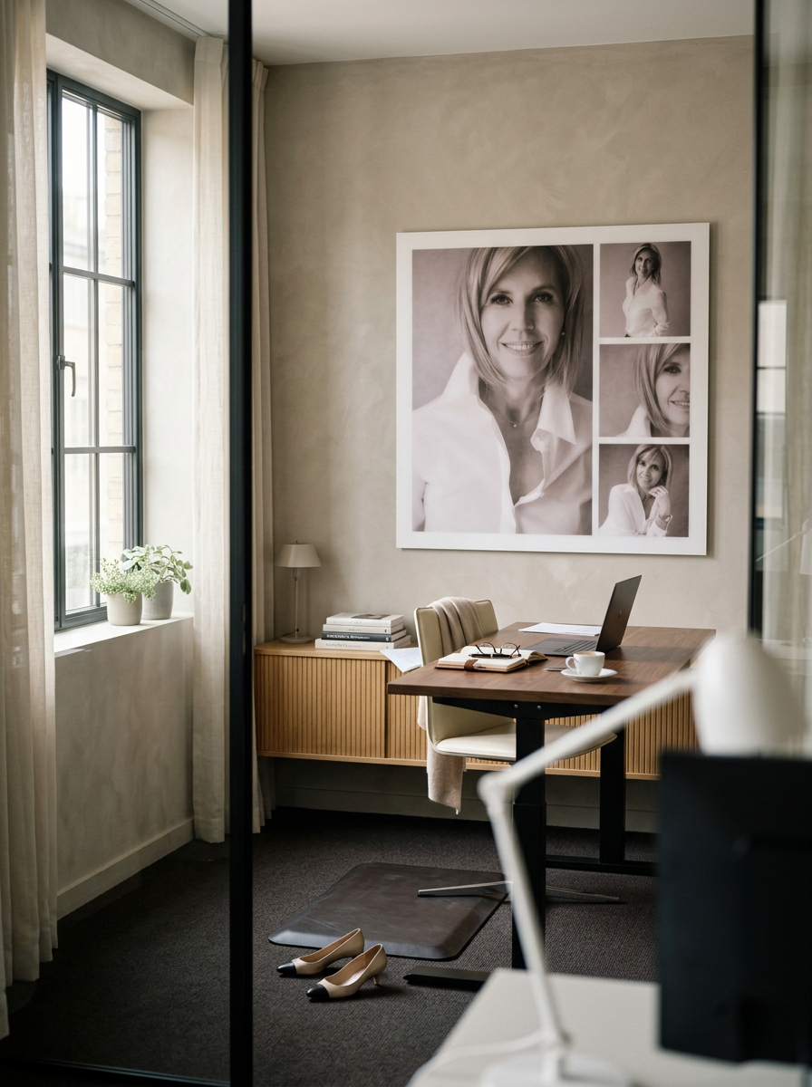 Elegant office interior with desk, laptop, framed black-and-white portrait collage, window, plants, and beige heels on the floor