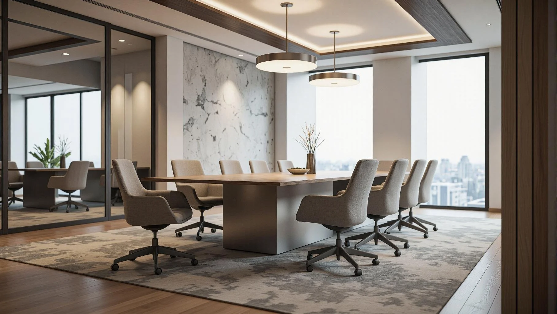 Moderner Konferenzraum mit großem Holztisch, acht gepolsterten Stühlen, einer Vase mit Zweigen auf dem Tisch, großen Fenstern mit Stadtblick, und moderner Beleuchtung