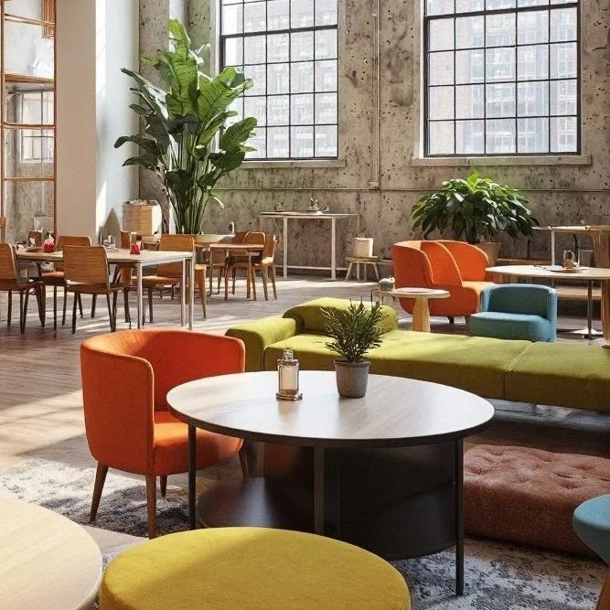 Innenaufnahme eines modernen, hell erleuchteten Raumes mit großen Fenstern, bunten Sessel und Sofas, Pflanzen und mehreren Tischen.