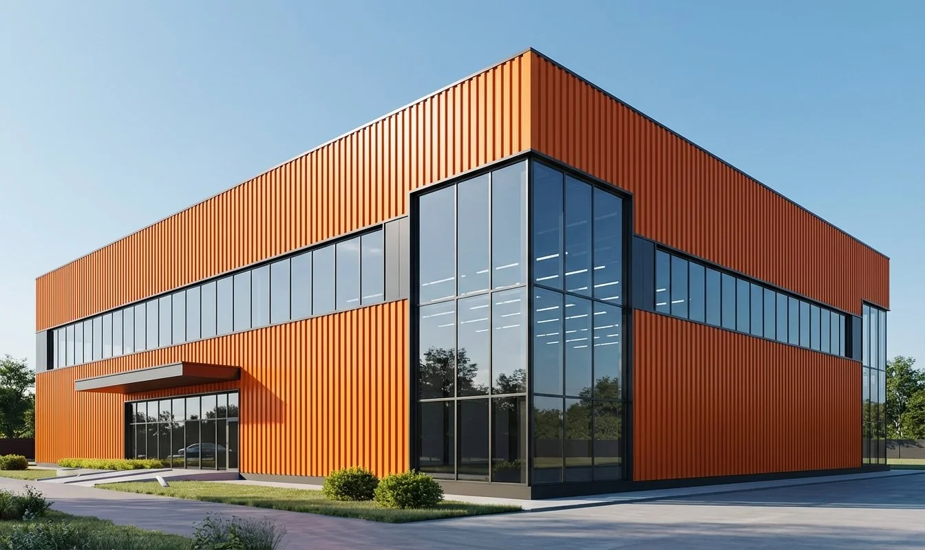 Modernes zweistöckiges Gebäude mit orangefarbener Metallfassade und großen Glasfenstern, umgeben von Grünflächen und einem klaren blauen Himmel.