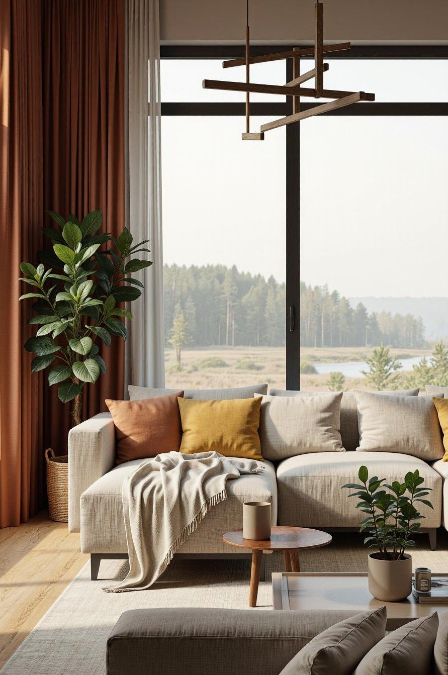 Gemütliches Wohnzimmer mit weißen Sofa, bunten Kissen, einem kleinen runden Kaffeetisch, Pflanzen, großen Fenstern und einer modernen Holzlampe, Blick ins Freie mit Wälder und Wasser