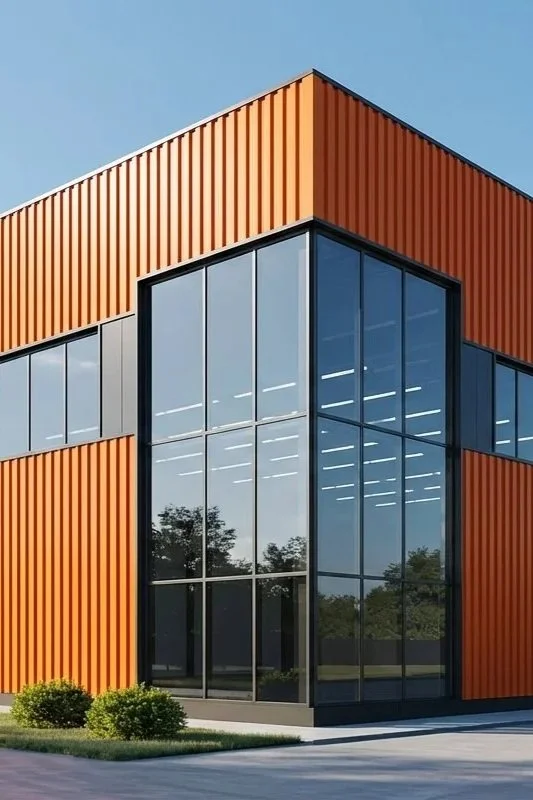 Moderne, zweistöckige gewerbliche Gebäude mit orangefarbenen vertikalen Metallpaneelen und großen Glasfenstern, umgeben von Grünflächen.