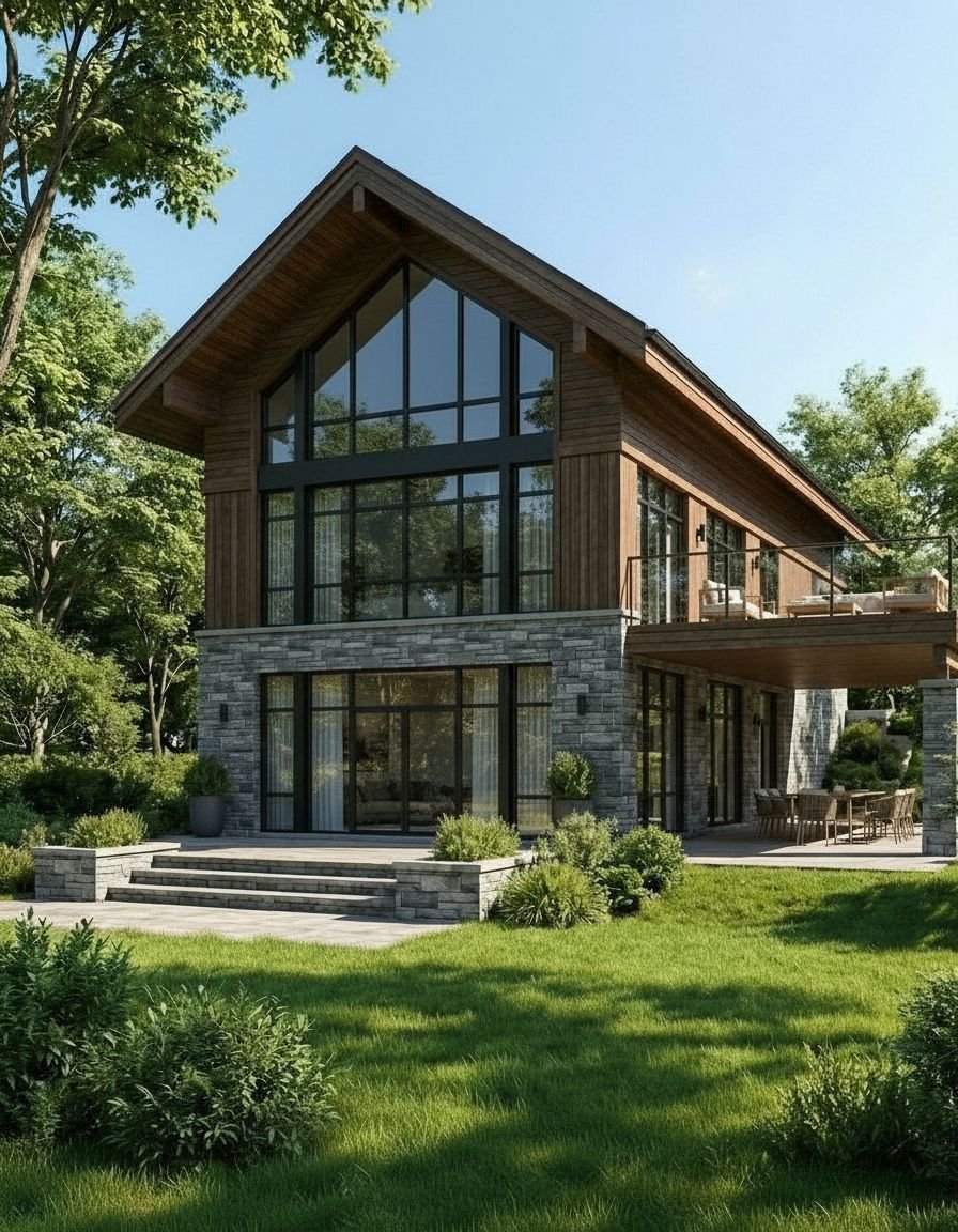 Modernes zweistöckiges Haus mit großen Glasfenstern, Holz- und Steinfassade, Balkon mit Sitzbereich und Terrasse, umgeben von einem gepflegten grünen Garten und Bäumen.