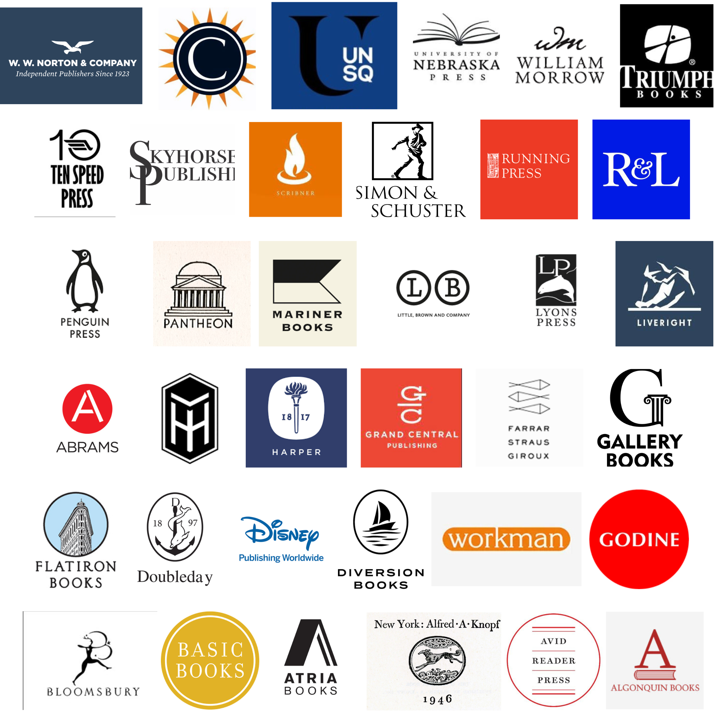 Collection of press box clients including  penguin, norton, simon &Schuster, knopf, harper, disney, doubleday