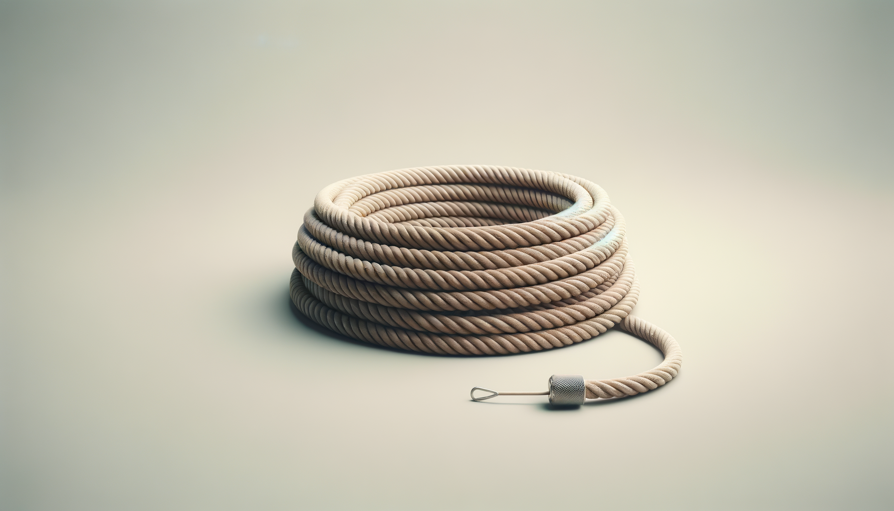 Coiled beige climbing rope with metal locking carabiner on a plain light background.