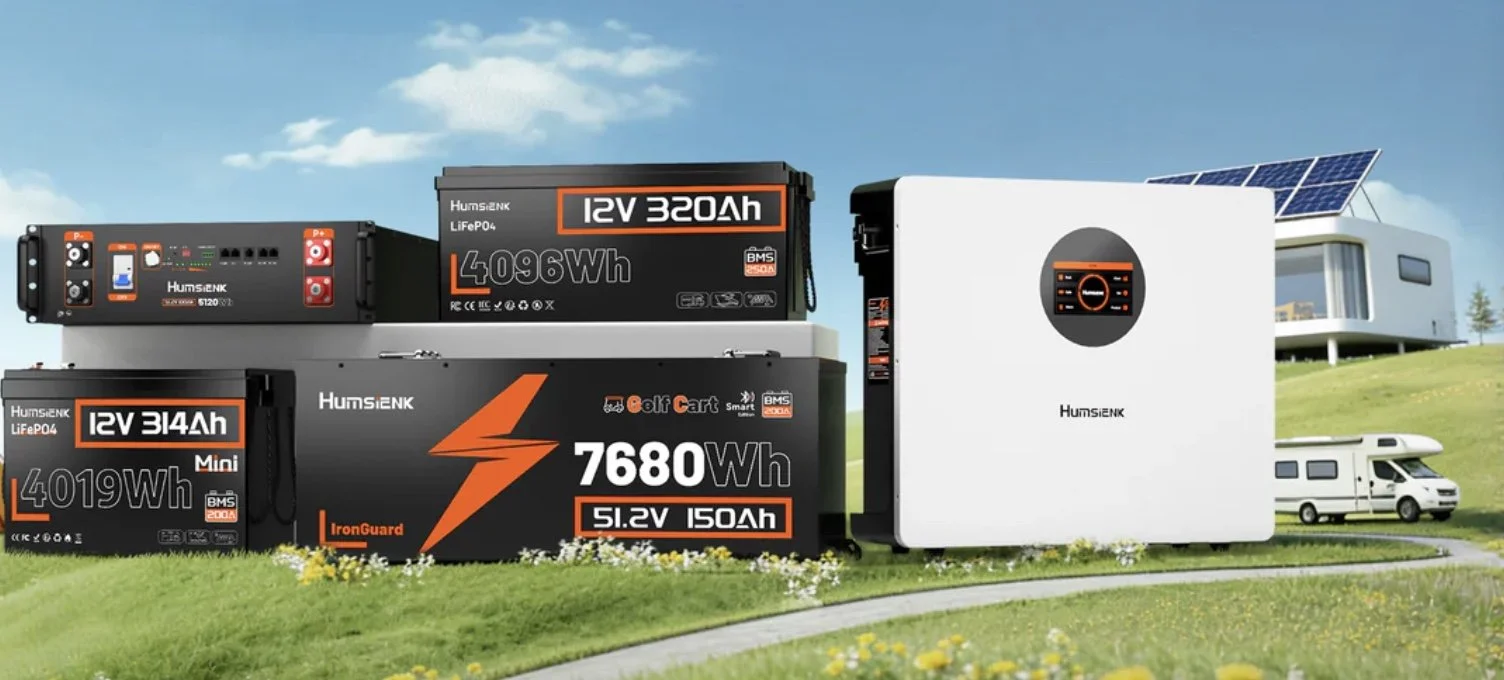 A large blue and green lithium battery labeled '12V 100Ah' connected to a white device through black and blue cables, outdoors with trees in the background.