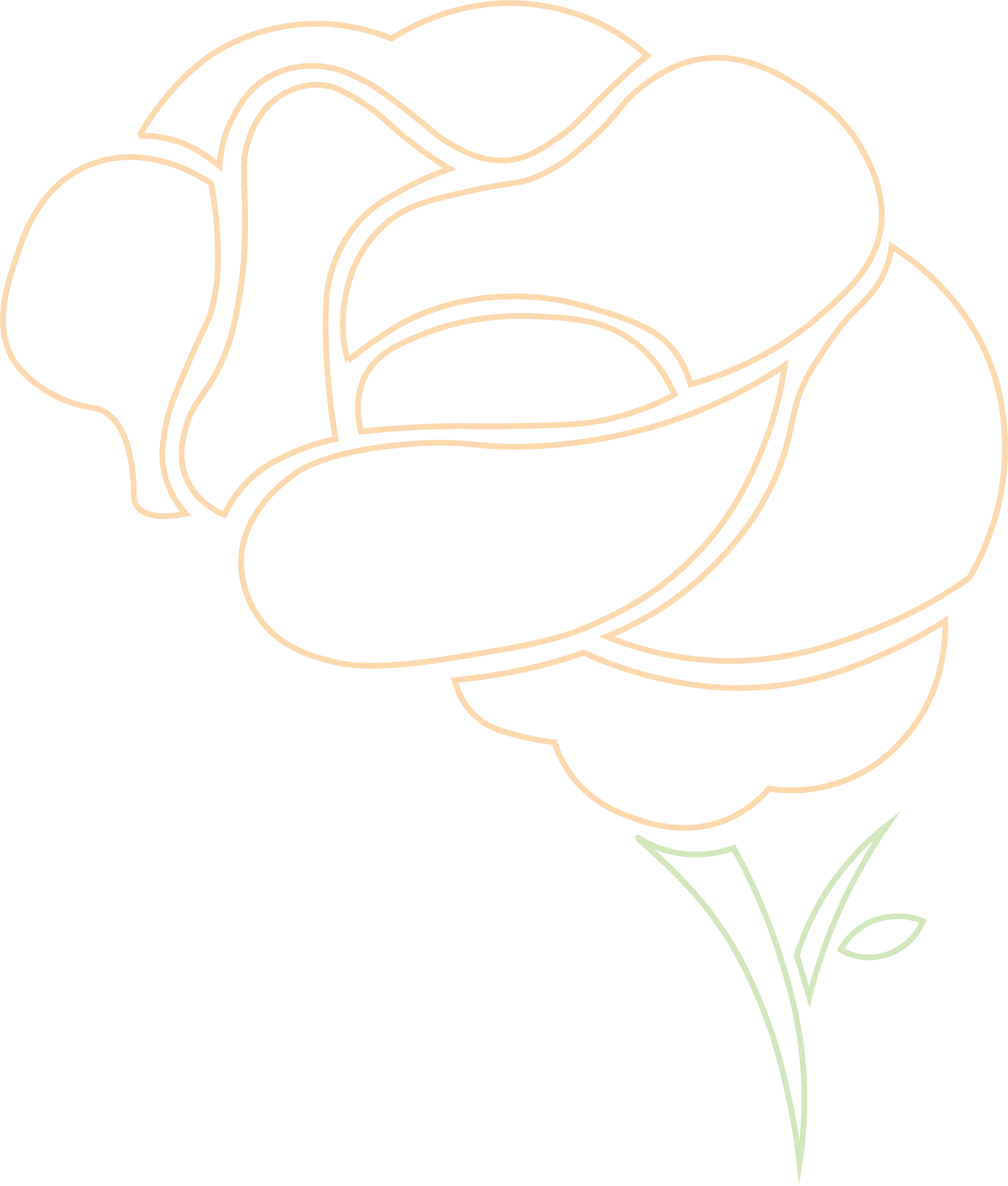 Line art of a rose flower with a green stem and leaves on a black background.