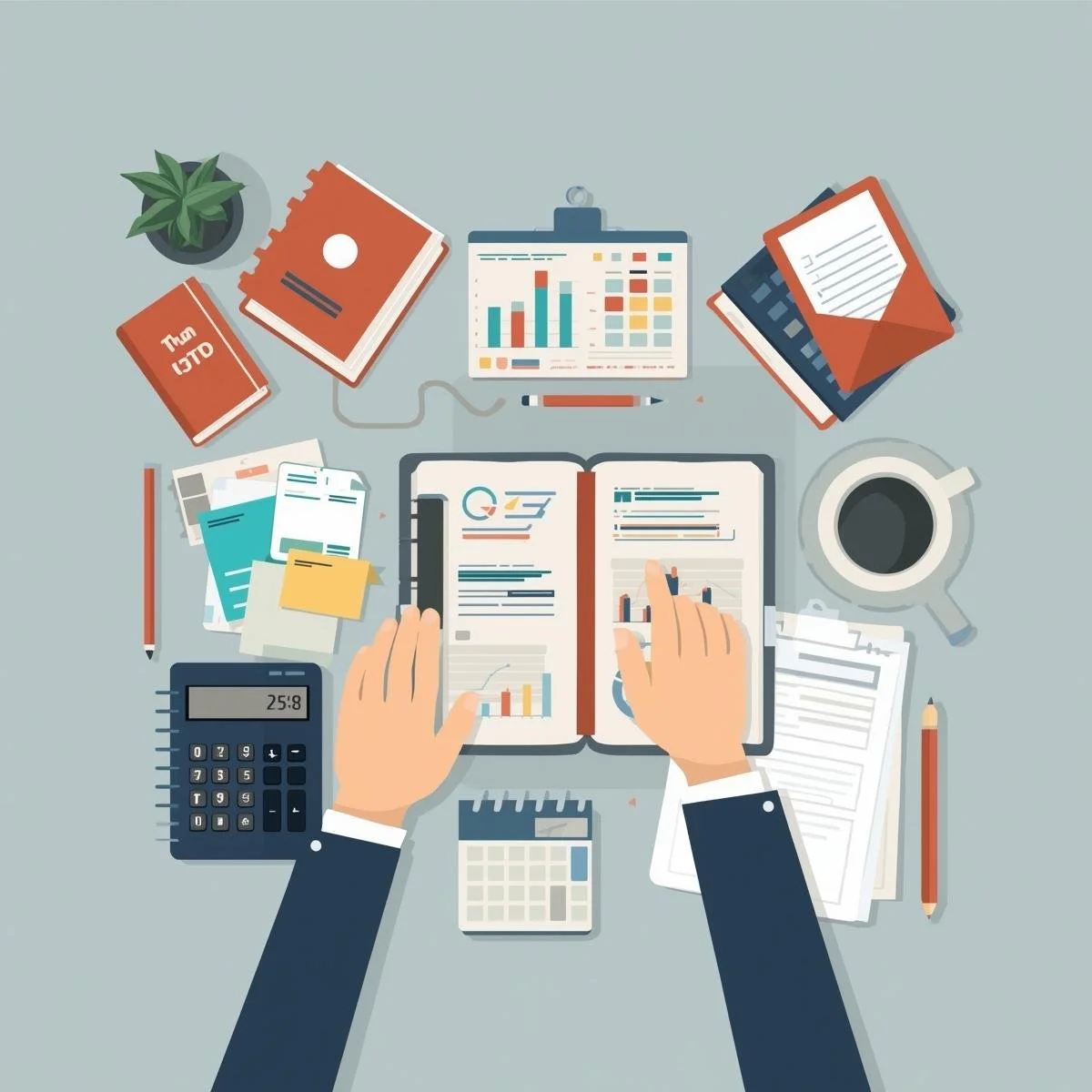 Overhead view of a workspace with a person reviewing documents and data with charts and graphs, surrounded by notebooks, a calculator, pens, a coffee mug, and office supplies.