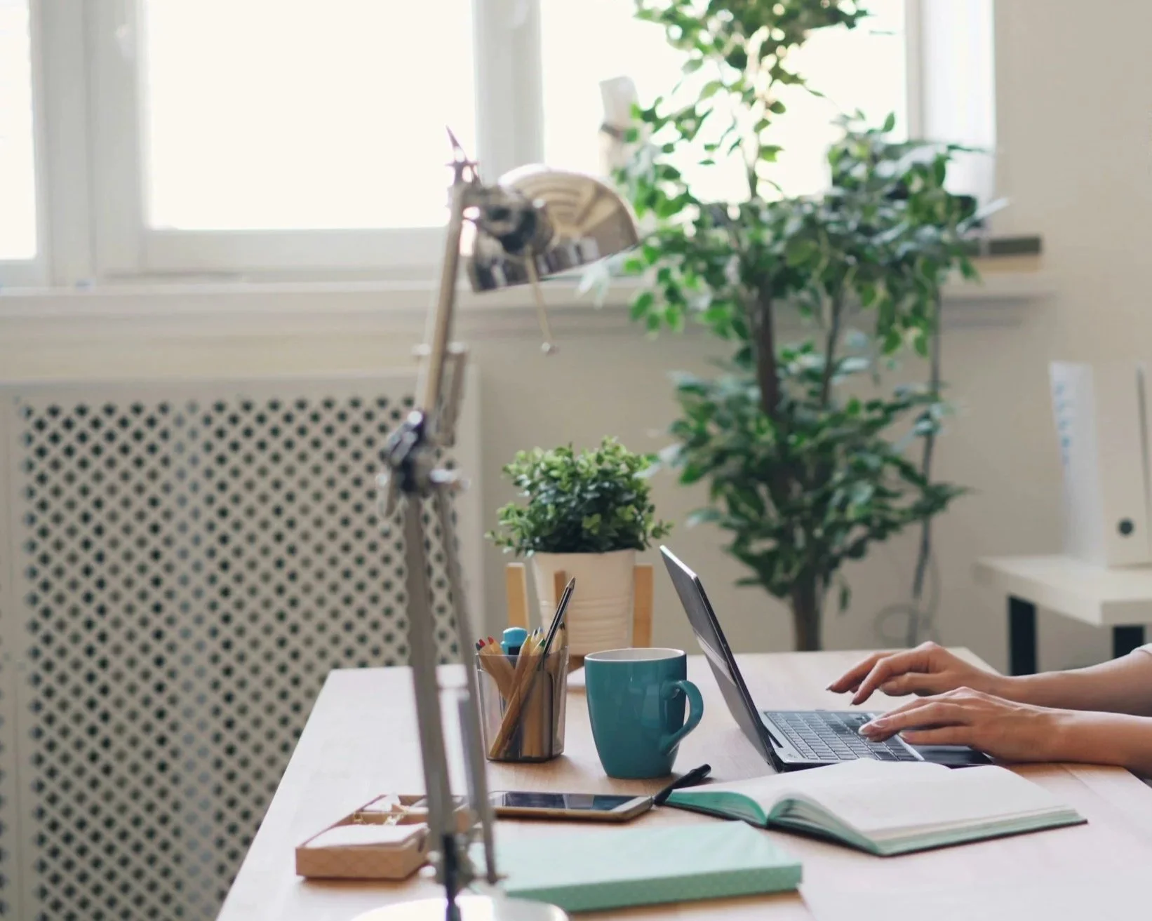 Person working at home with a laptop, surrounded by books, plants, and office supplies on a desk near a window.