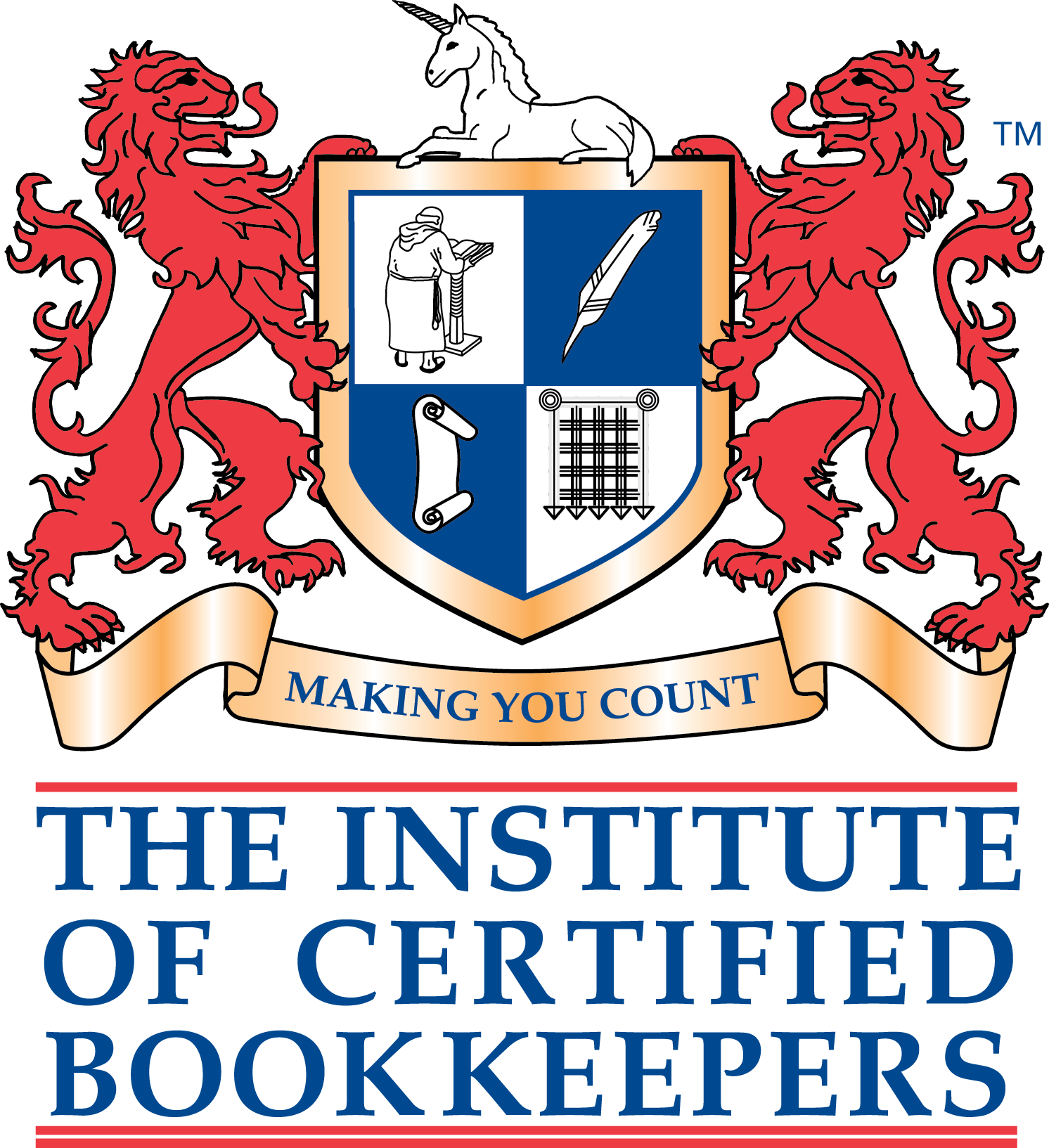 The logo of the Institute of Certified Bookkeepers, featuring a shield with a unicorn on top, surrounded by two lions, and a ribbon banner with the slogan 'Making You Count.' The shield includes images of a person with a ledger, a quill, a scroll, and a gate. The text below reads 'The Institute of Certified Bookkeepers.'