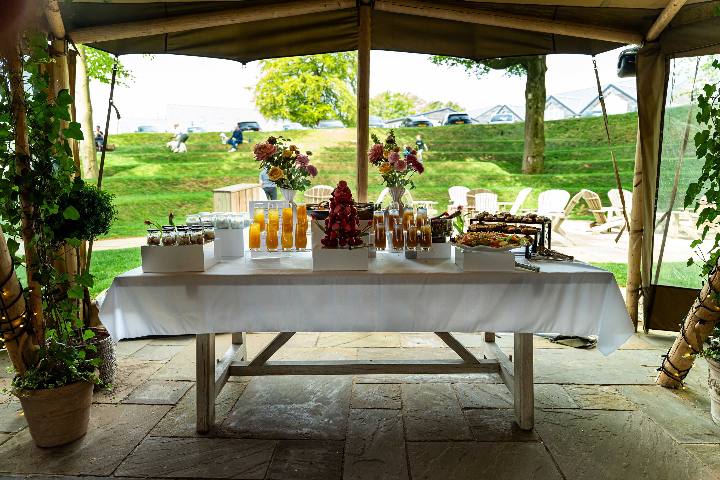 Outdoor buffet table with desserts and drinks under a canopy, green lawn, trees, and lounge chairs in the background.