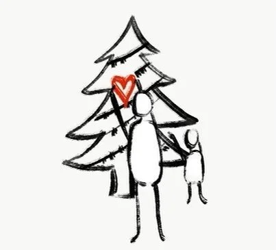 Drawing of a large Christmas tree with two people, one with a heart above their head, and the other holding a gift.