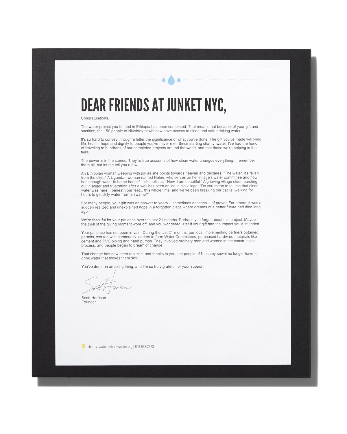 Letter of gratitude from Scott Harrison, founder of charity water, thanking donors for supporting clean water projects in Ethiopia, with a signature and contact information at the bottom.