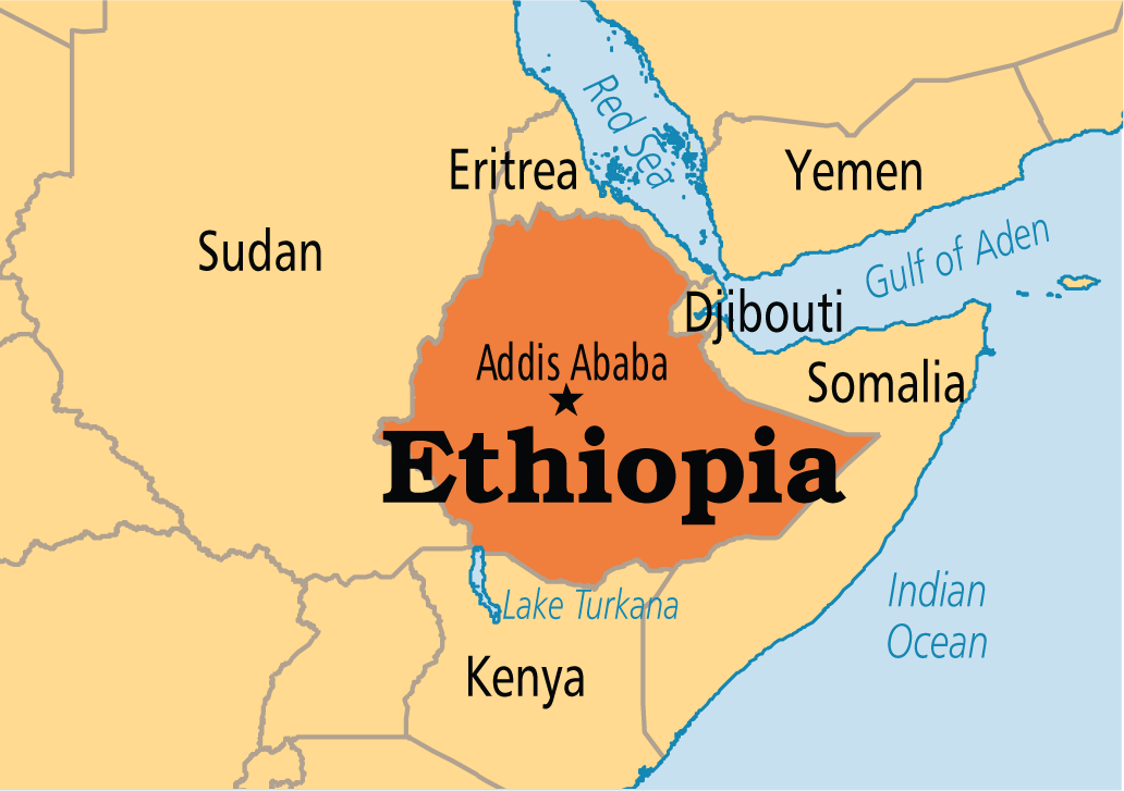Map of Ethiopia and surrounding countries with Ethiopia highlighted in brown, showing its capital Addis Ababa, major bodies of water, and neighboring countries.