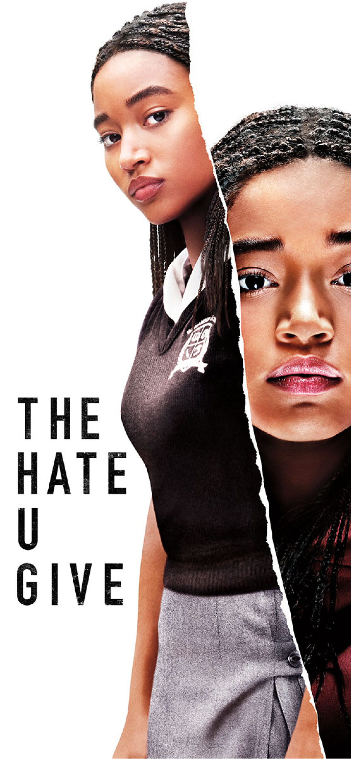 Poster featuring two women, one in a school uniform, with the title 'The Hate U Give' split between them.