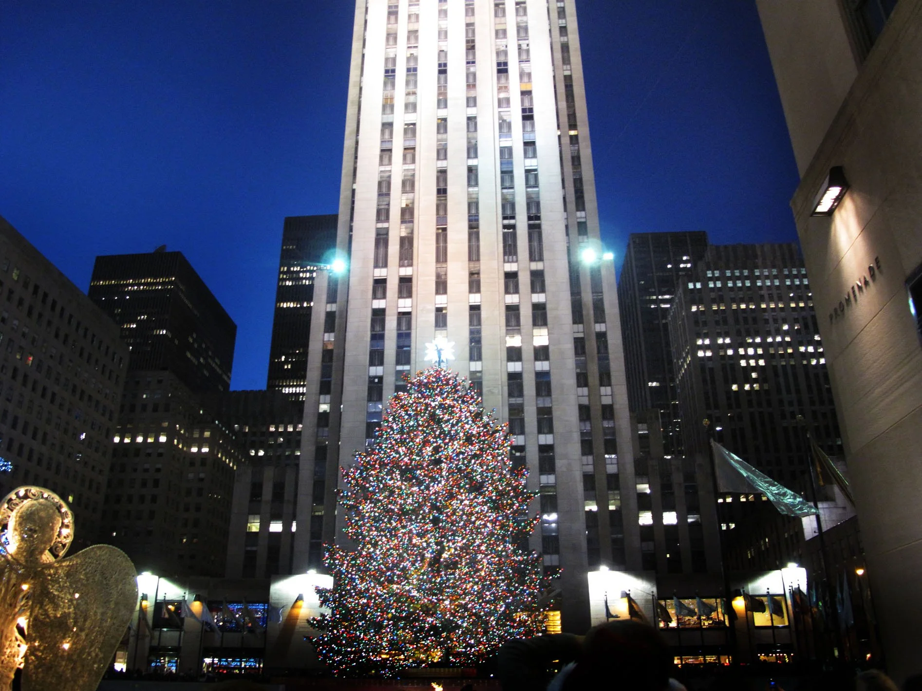 A large, decorated Christmas tree with lights and a star on top in Rockefeller Center, New York City, surrounded by tall buildings at dusk.
