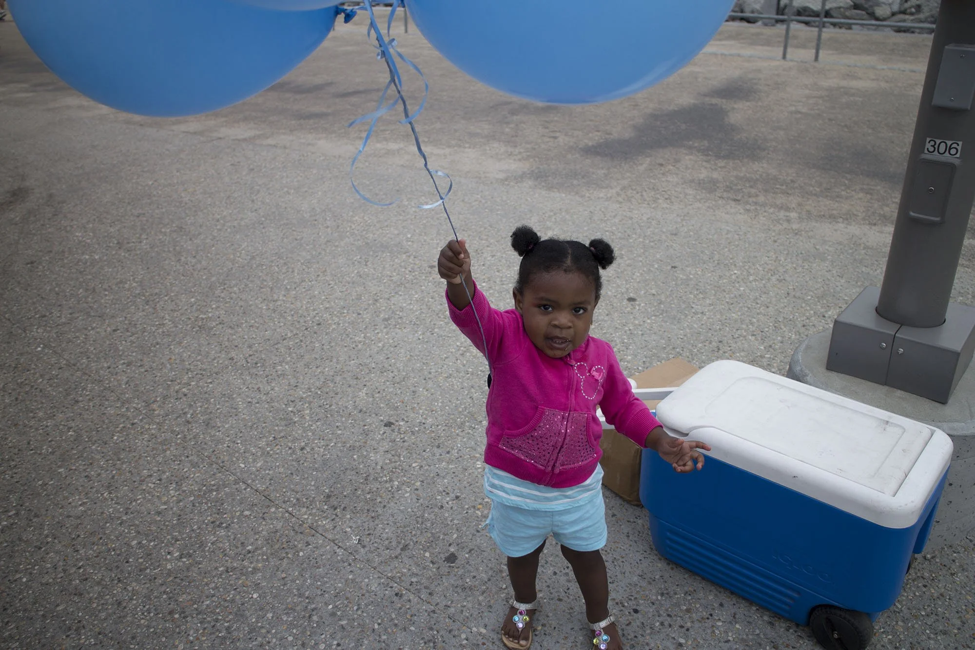A young girl with pigtails wearing a pink jacket and blue shorts holds a blue balloon. She is standing on a concrete surface next to a blue and white cooler and a gray post with a number plate.