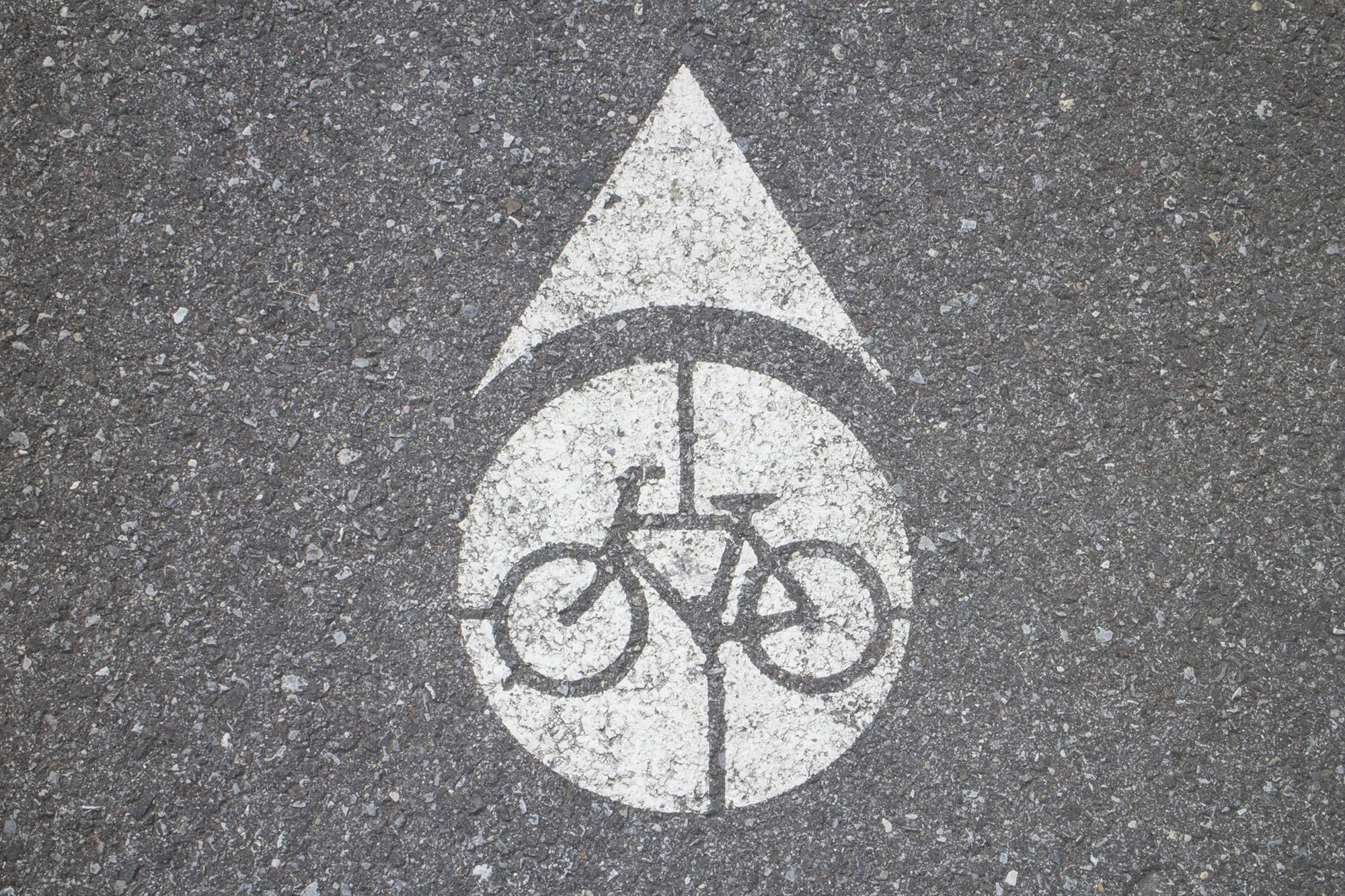 White painted bicycle lane symbol with an arrow on asphalt road.