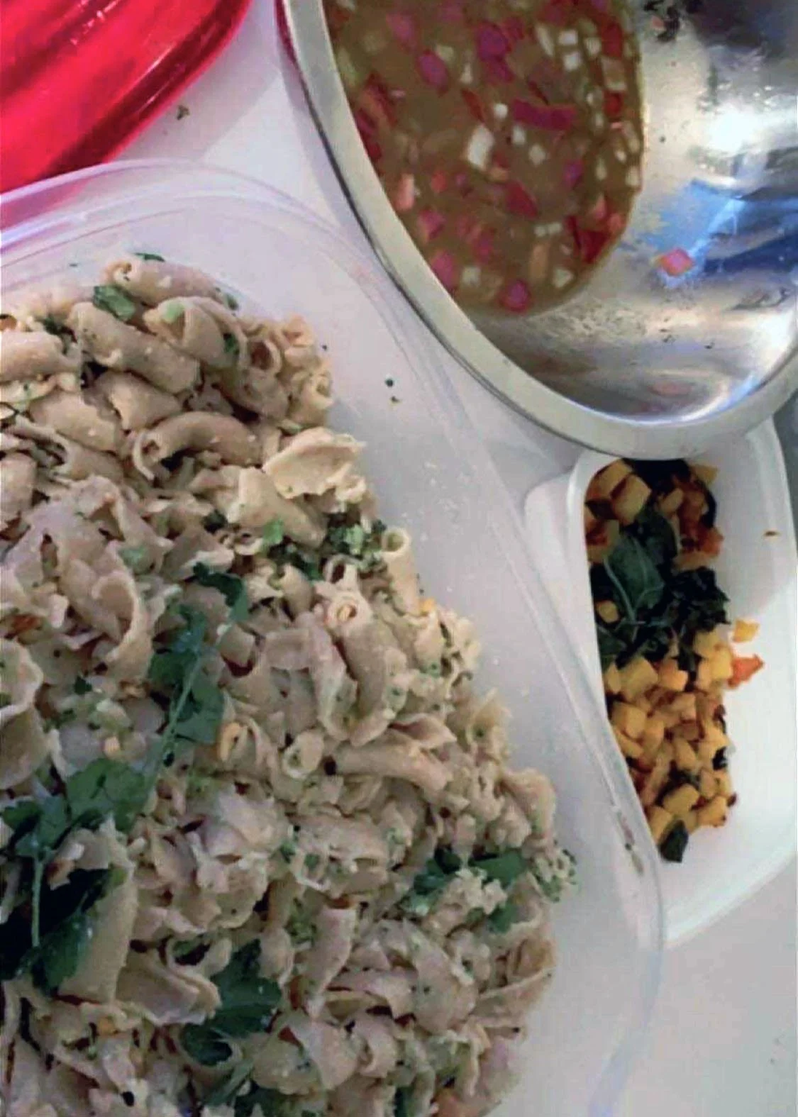 A plate of cooked chicken pieces garnished with green herbs, a side of chopped vegetables, and a bowl of salad with tomatoes, cucumbers, and olives on a white surface.